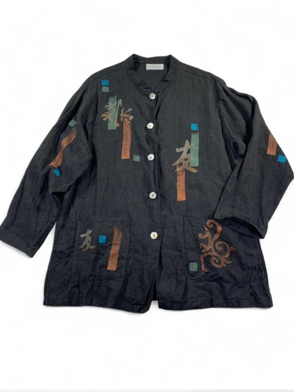 Vintage J. Jill Black Linen Tunic Hand Painted Japanese Kanji Lagenlook Size L